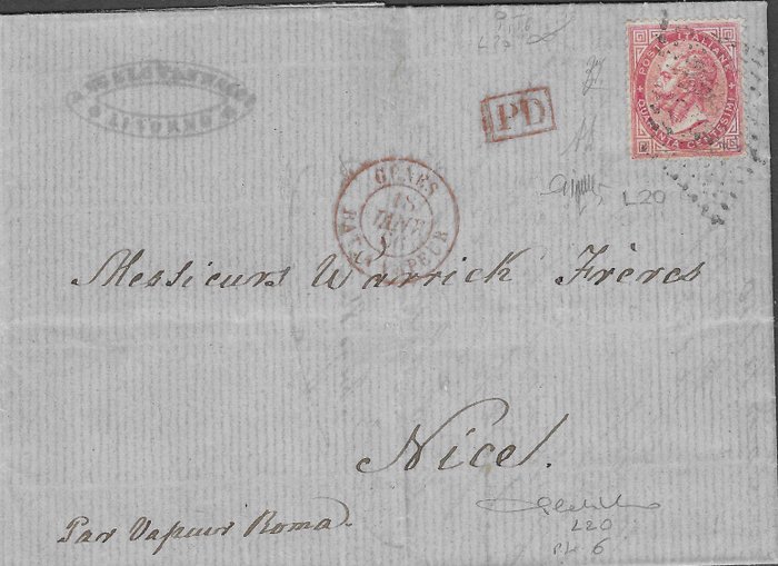 Königreich Italien 1866 - Brief von Livorno nach Nizza, 16. Januar 1866 - Sassone L20 + annullamenti punti 6