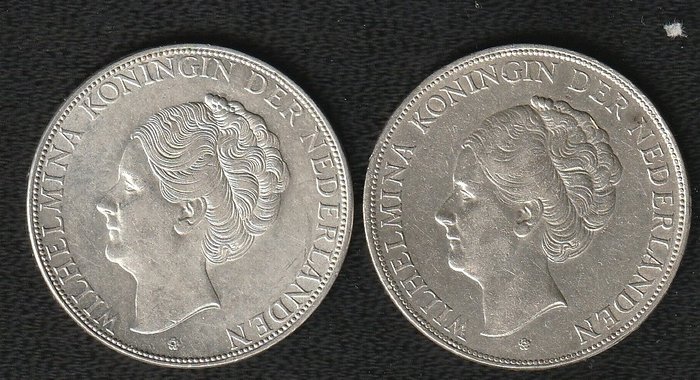 Olanda. Wilhelmina (1890-1948). 2 1/2 Gulden 1931 / 1933. Grof haar, en Normaal haar  (Fără preț de rezervă)