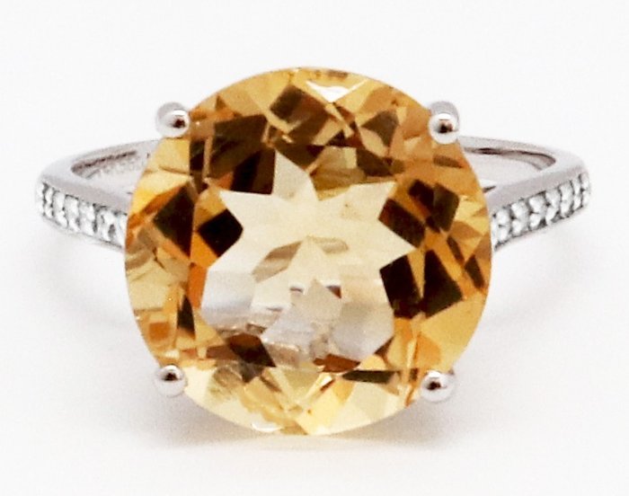 Ohne Mindestpreis - Ring - 14 kt Weißgold Citrin - Diamant 