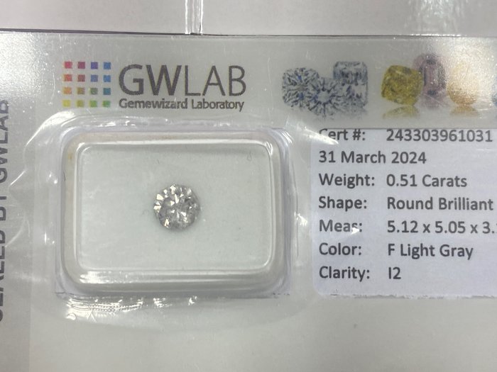 1 pcs 钻石 - 0.51 ct - 圆形 - fancy light gray - I2 内含二级, No reserve price