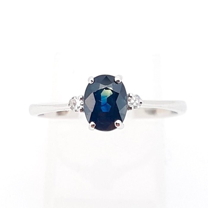 戒指 - 18 克拉 白金 -  0.90 tw. 藍寶石 - 鉆石 