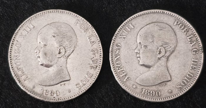Spain. Alfonso XIII (1886-1931). 5 Pesetas 1890 (18*90) MPM / 1890 (18*90) PGM (2Moedas)  (No Reserve Price)