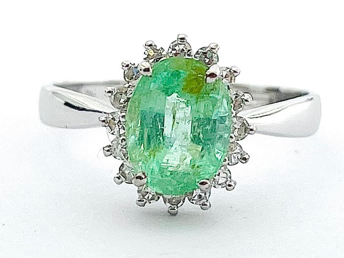 Utan reservationspris - Ring - 18 kt Vittguld Smaragd - Diamant 