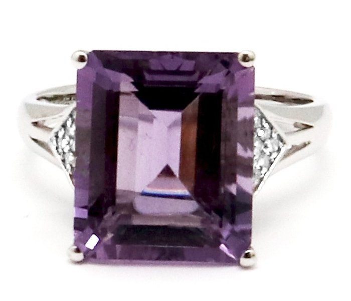 戒指 - 14K包金 白金 紫水晶 - 钻石 