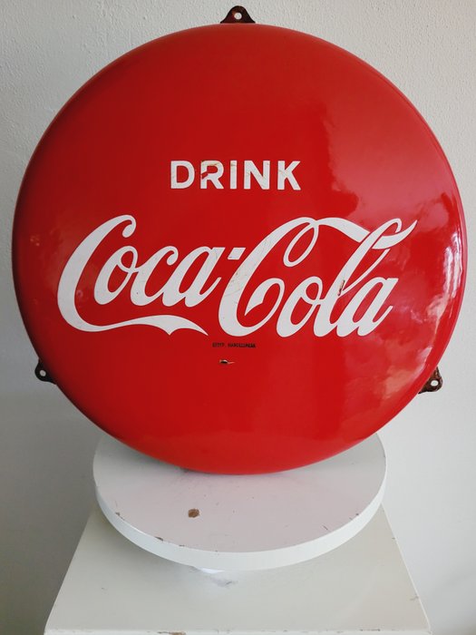 Coca-ColaButton Reclamebord, Langcat Bussum, 1950 - Werbeschild - Emaille