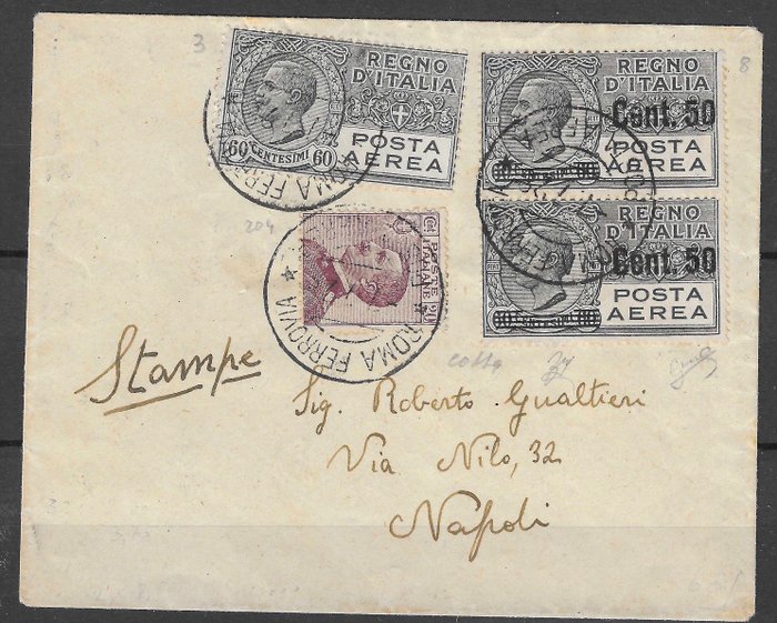 意大利王国 1927 - 从罗马寄给那不勒斯的信 - Sassone n.204 + P.A. 3 e 8 valore catalogo euro 620