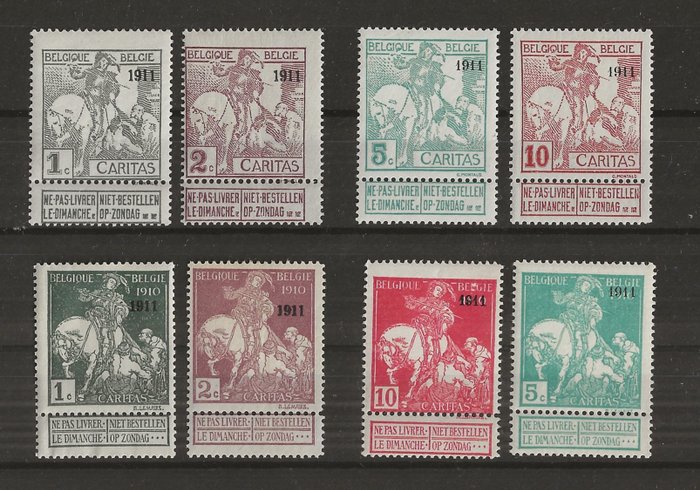 Belgio 1911 - Serie Caritas con impronta 1911 - OBP/COB 92/99