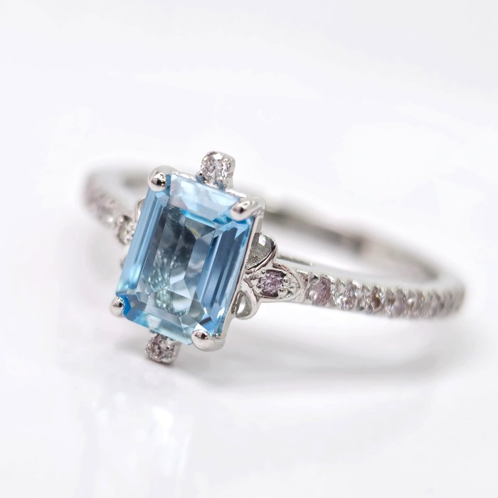 *no reserve* 1.10 ct Blue Aquamarine & 10.25 ct N.Fancy Pink Diamond Ring - 2.89 gr - 14-karatowe Białe złoto - Pierścionek - 1.10 ct Akwamaryn - Diament