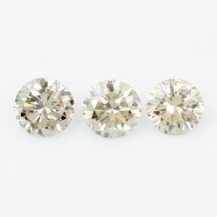 3 pcs Diamants - 0.46 ct - Brillant, Rond - Très léger gris jaune - SI1, VS2