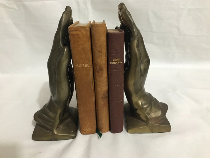 Bookend (2) - Amazing “Hands of God Pray for Us” - copper with gilded bronze patina