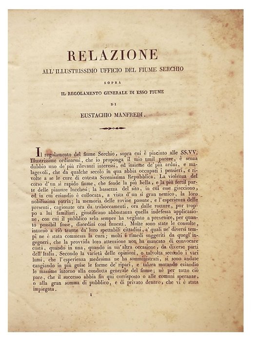 Manfredi Eustachio - Relazione all'illustrissimo Ufficio del fiume Serchio - 1826
