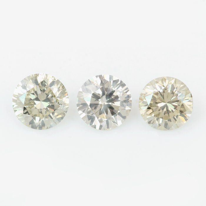 3 pcs Diamants - 0.49 ct - Brillant, Rond - Jaune gris clair - SI1, VS1