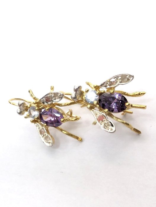 No Reserve Price - NO RESERVE PRICE - Earrings - 9 kt. Silver, Yellow gold Amethyst - Diamond 