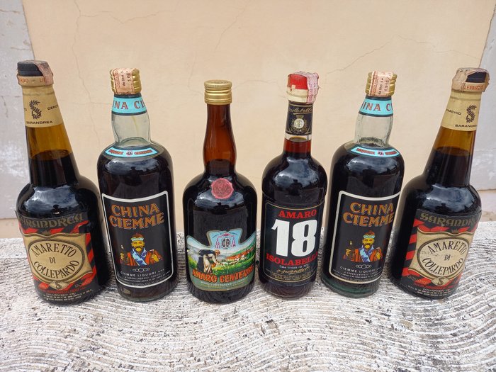 Sarandrea Amaretto di Collepardo x 2 + Ciemme China x 2 + Isolabella Amaro 18 + Amaro Centerbe  - b. 1970-luku - 1.0 L, 75cl - 6 pullojen