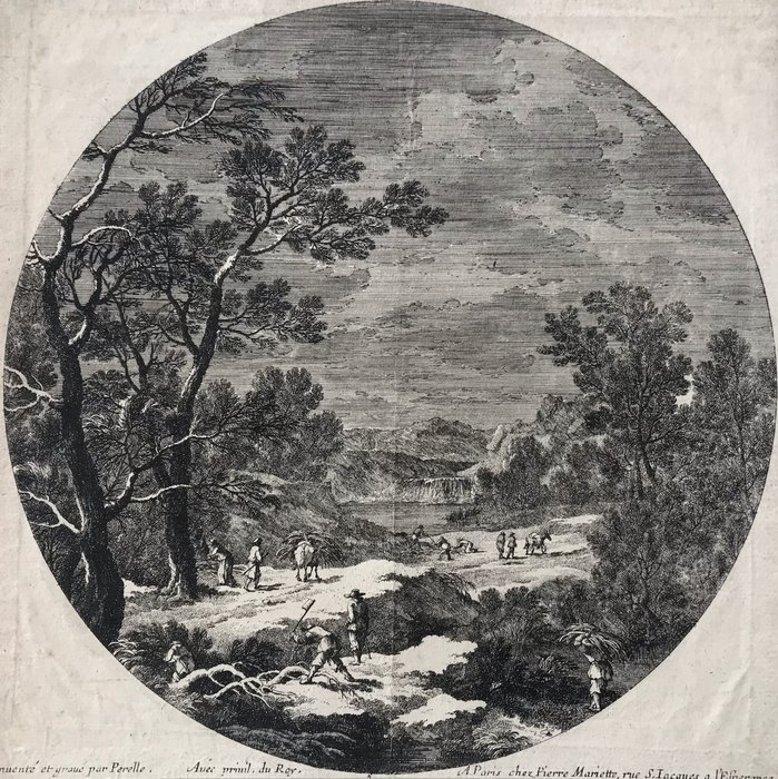 Gabriel Perelle  (1604-1677) - Paesaggio con lavoratori forestali