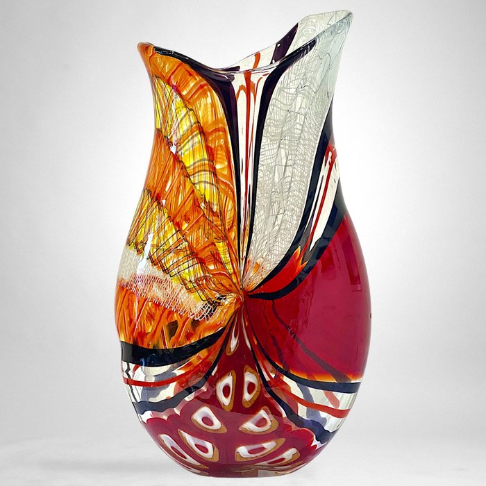 Filippo Maso - Vase -  Stor rød vase med filigran, murrin og reticello  - Glas