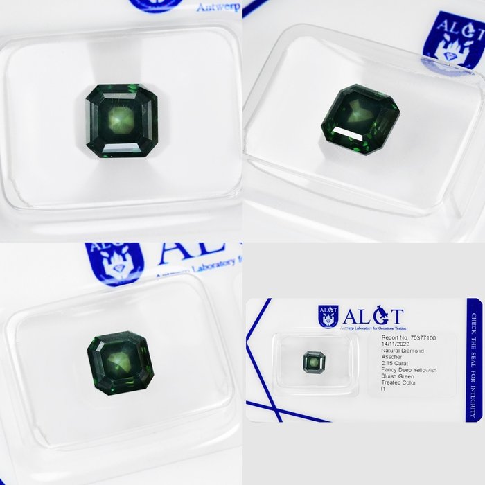 Diamante - 2.15 ct - Asscher - Fancy Deep Yellowish Bluish Green - I1