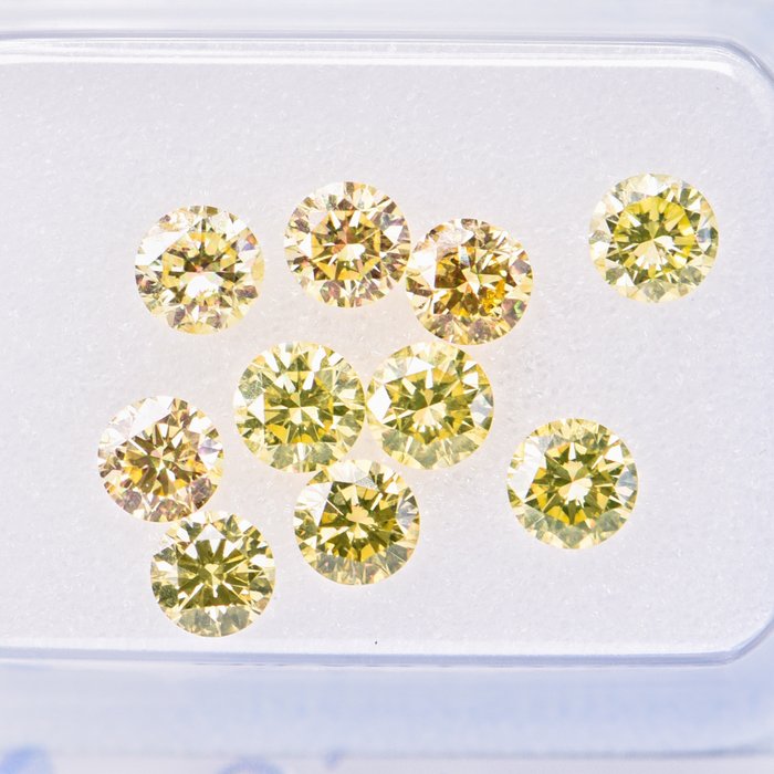 10 pcs Diamant - 1.37 ct - Rund - Yellow, Orangy Yellow, Greenish Yellow - VS1 - SI2 EX/VG  **No Reserve Price**