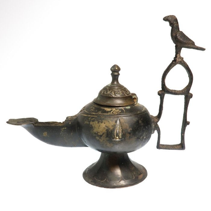 Seljúcida Bronze Grande lamparina a óleo com cabo de pássaro