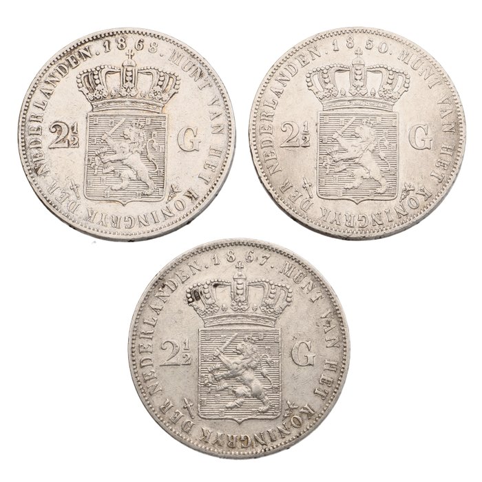 Nederländerna. 2,5 Gulden 1850/1868 - Willem III (3 stuks)  (Utan reservationspris)
