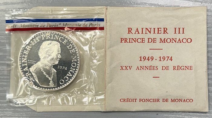 摩纳哥. 50 Francs 1974 Rainier III. Piéfort en argent, dans son étui plastique d'origine scellé  (没有保留价)