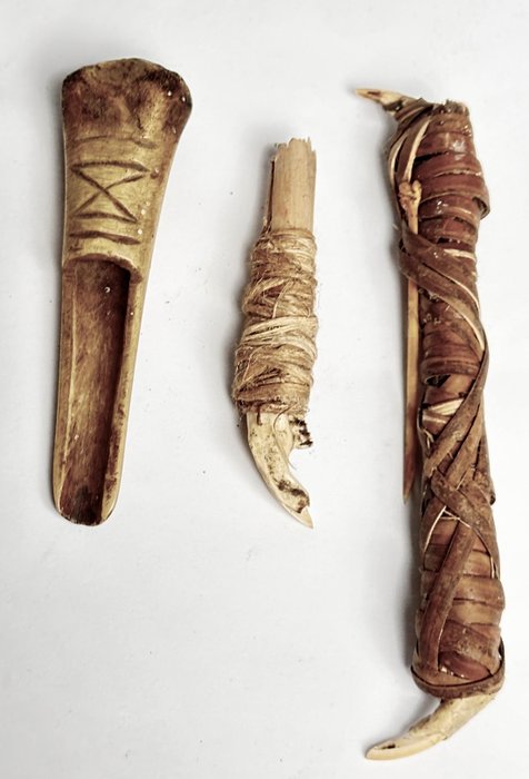 3 Werkzeuge zum Reinigen von Knollen und zum Schnitzen von Pfeilen (Dekorationen) - Sternberge und Sepik - West-Papua (Neuguinea)  (Ohne Mindestpreis)