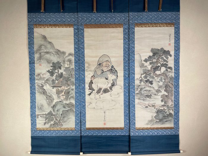 Set of three scrolls - God of Good Fortune Jurōjin, spring & autumn landscapes - First half 19th - Kishi Ganku 岸駒 (1749-1839) - 日本 - Edo Period (1600-1868)