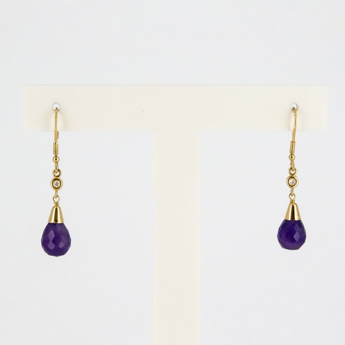 耳環 - 18 克拉 黃金 鉆石  (天然) - 紫水晶 