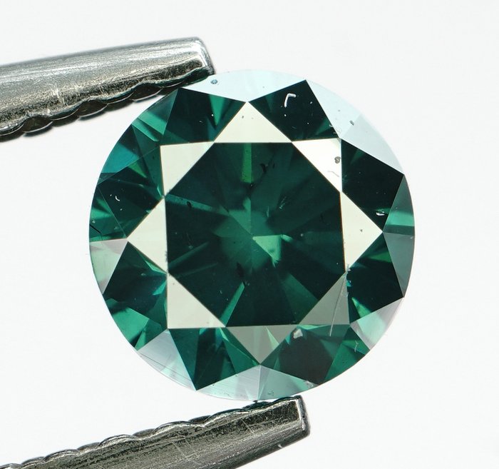 Diamant - 0.50 ct - Rond Briljant - Fancy Deep Blue Green -No Reserve-Color Enhanced - P1