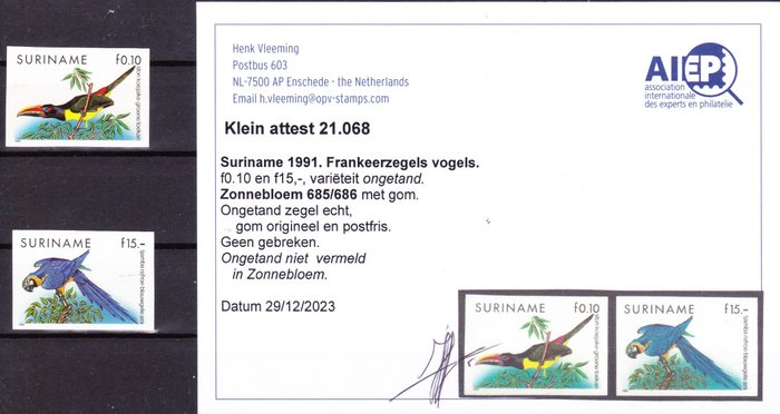 Suriname 1991 - Vögel mit Abwechslung: völlig zahnlos mit Zertifikat H. Vleeming - Zonnebloem 685/686