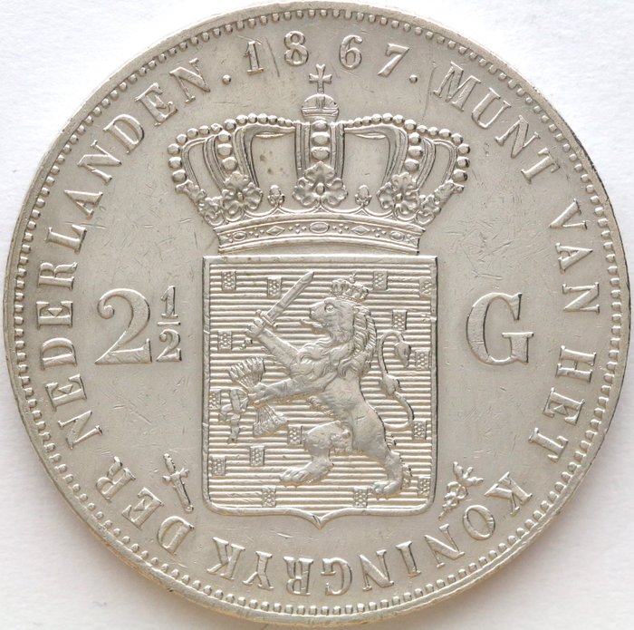 Nederländerna. Willem III (1849-1890). 2 1/2 Gulden 1867  (Utan reservationspris)
