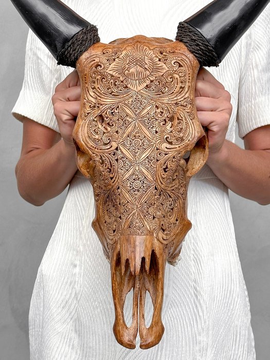 無底價 - 頭骨藝術 - 正宗棕色雕刻牛頭骨 - Ketimun 和蓮花圖案 - 雕刻頭骨 - Bos Taurus - 55 cm - 43 cm - 15 cm- 非《瀕臨絕種野生動植物國際貿易公約》物種 -  (1)