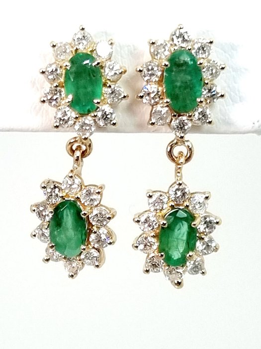 Earrings - 14 kt. Yellow gold Emerald - Diamond 
