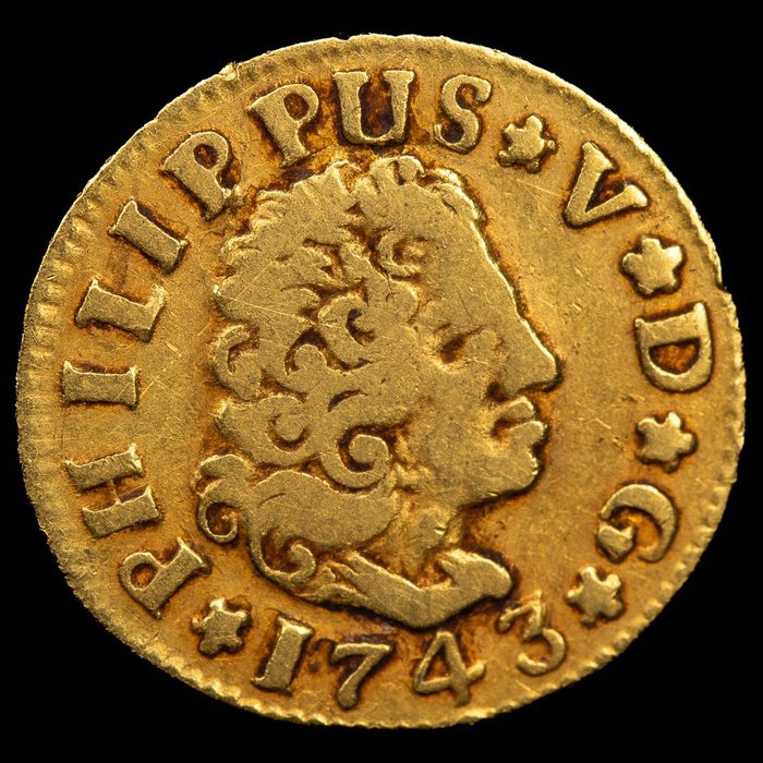 Espanja. Felipe V (1700-1746). 1/2 Escudo 1743 Sevilla PJ  (Ei pohjahintaa)