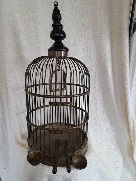 Cușcă pentru păsări - Antic - Alamă, Cupru, Lemn