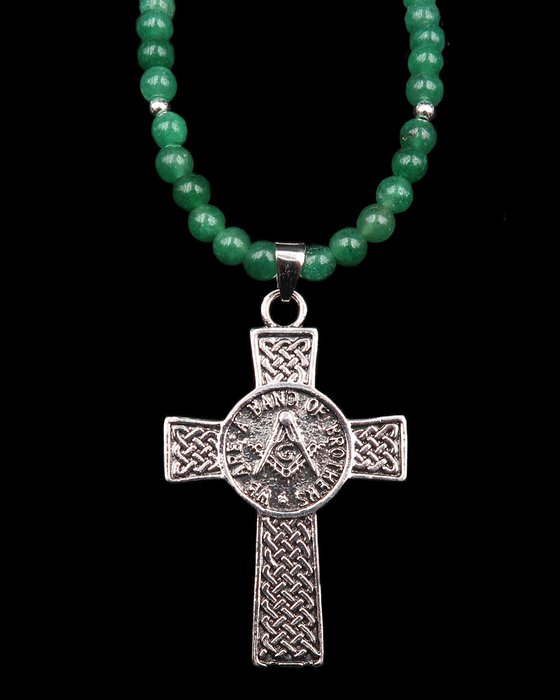 祖母綠 - 項鍊 - 刻有共濟會符號的十字架 - 精神和知識 - 扣環，銀珠 - 頸鏈