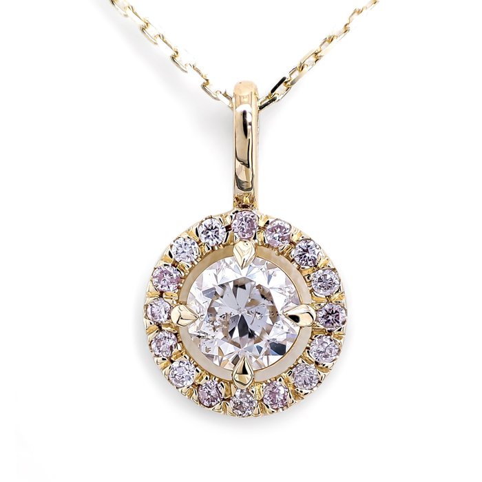 Zonder Minimumprijs - 0.66 Carat I/SI And Pink Diamonds - Hanger - 14 karaat Geel goud 