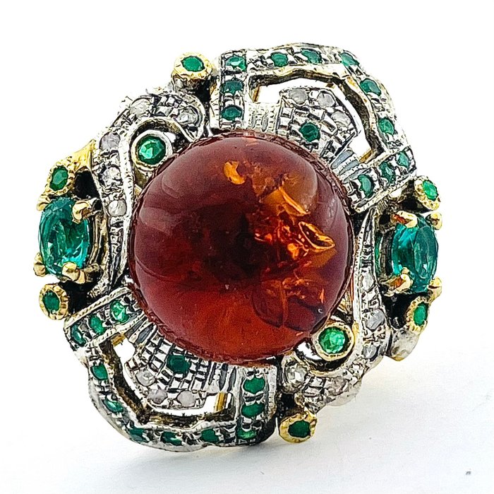 No Reserve Price - Ring - 12 kt. Silver, Yellow gold Amber - Mixed gemstones 