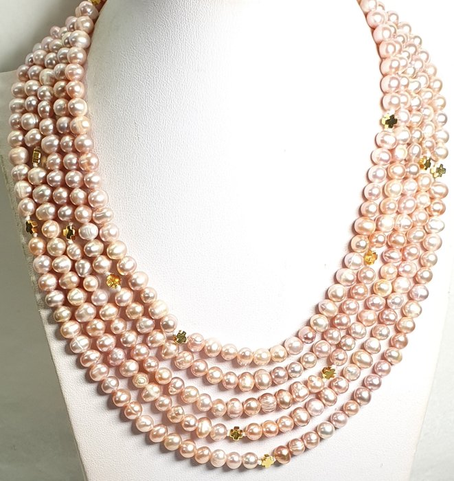 Collana di perle naturali rosa con croci greche - AAAA - chiusura in argento 925 placcato oro - Collana
