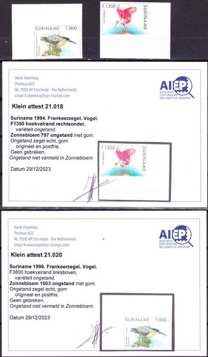 Suriname 1994/1998 - Uccelli con bordo della pelle completamente sdentato incl. 2 Certificati H. Vleeming - Zonnebloem 797 en 1003