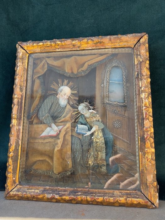 Skulptur, San Gioacchino che istruisce la Madonna - 25 cm - Glas, Papper, Textilier