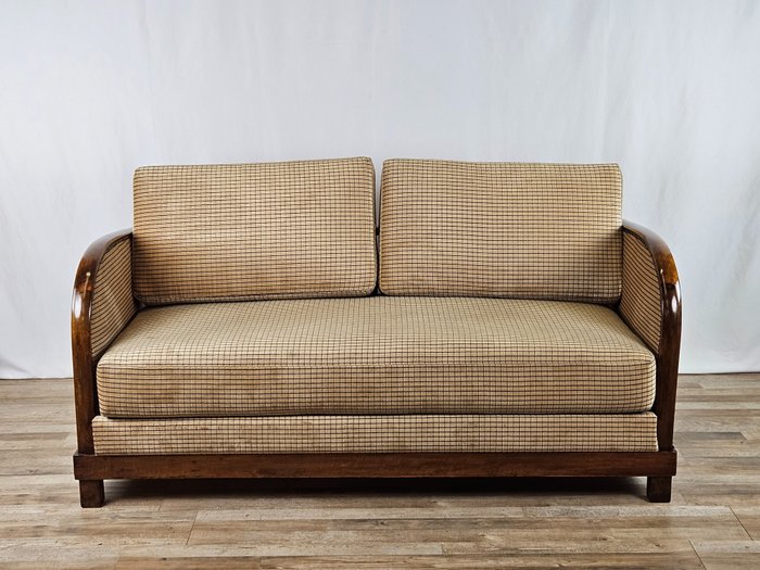 梳化 - 胡桃木和布藝裝飾藝術沙發床 - 伯爾胡桃木, 紡織品