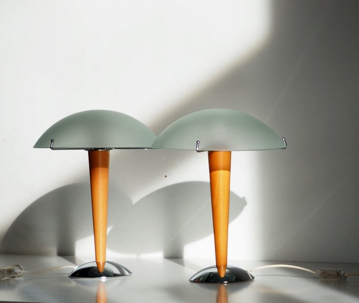 Lampă  de masă (2) - Lampă vintage Ikea Kvintol - lemn, sticlă opal