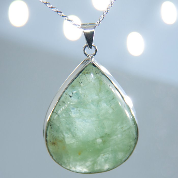 Natural Green Aquamarine Handmade Silver Necklace - High Quality - Height: 32.2 mm - Width: 25.5 mm- 18.19 g