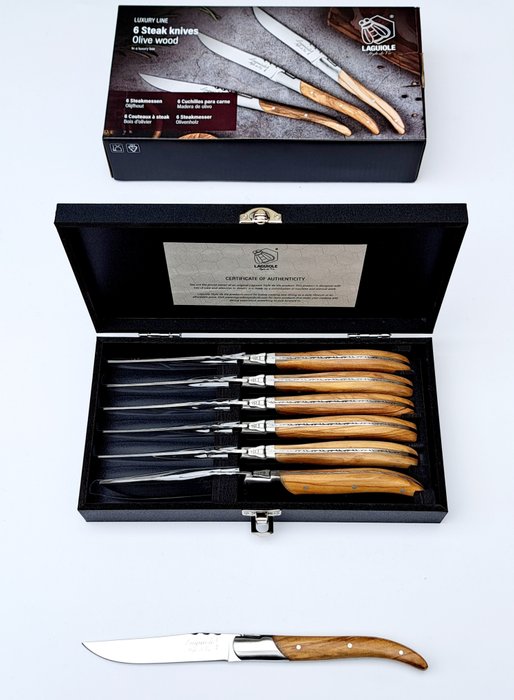 Laguiole - 6x Luxury Steak Knives - Olive Wood - style de - Table knife set (6) - Steel (stainless), Olivewood