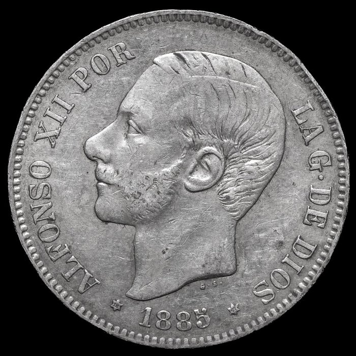 西班牙. Alfonso XII (1874-1885). 5 Pesetas 1885 *18-87 MSM - Madrid  (沒有保留價)