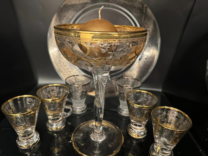 Antica cristalleria italiana - Serviciu de cafea (8) - Collezione di meravigliose tazzine muranesi con piatto - .925 argint, .999 (24 carate) aur, Cristal