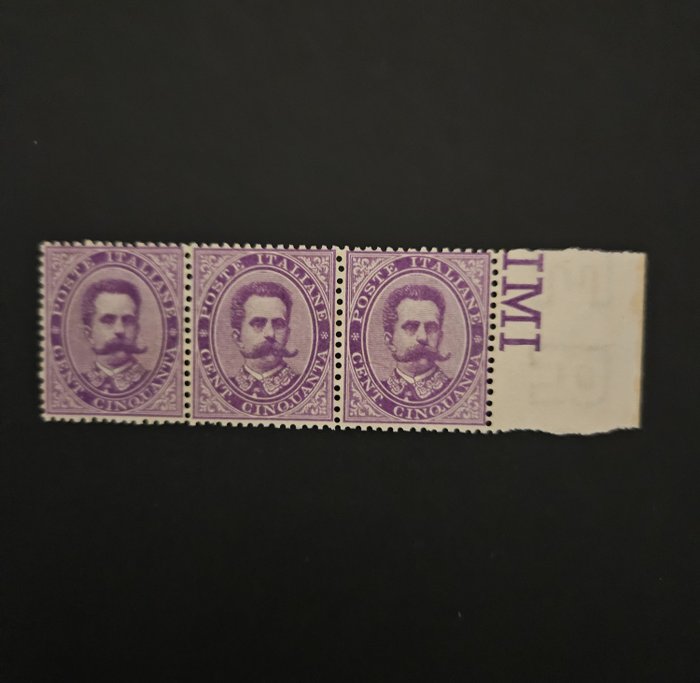 Kongeriket Italia 1879/1879 - 50 cent. violetto, striscia di tre - Sassone N. 42