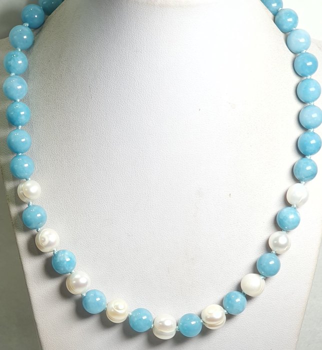 海蓝宝石 - 海蓝宝石（幸福与活力）&天然珍珠（心灵成长）- 925 银胸针 - 项链