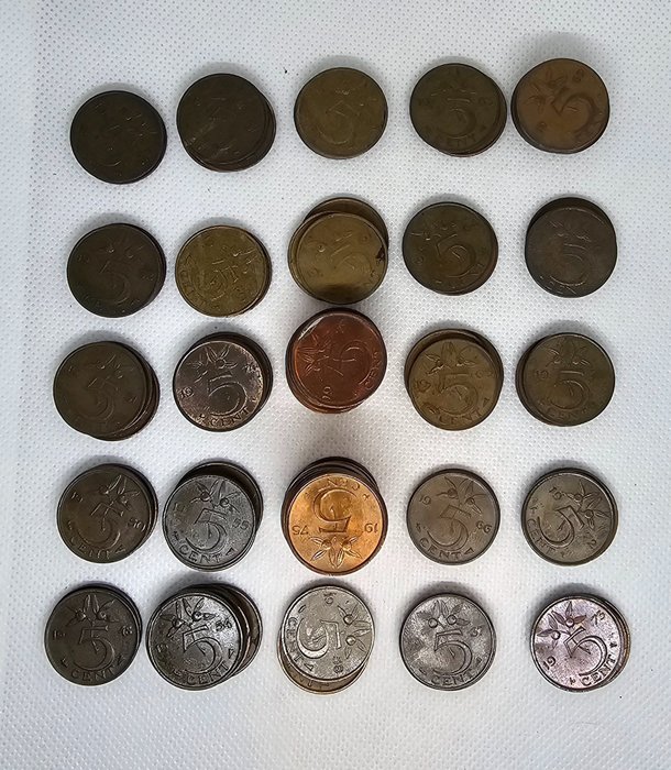 Nederland. 5 Cents (Stuiver) 1948-1976 (92 stuks)  (Ingen reservasjonspris)